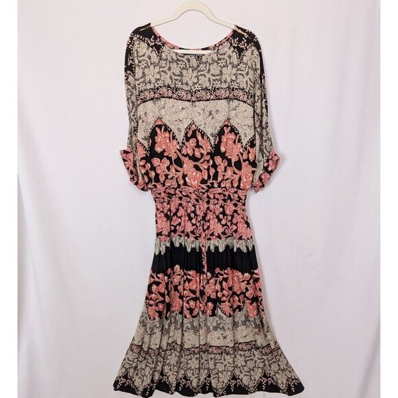 Vintage 90 Y2K Carol Little 12 Maxi Dress Patchwork Floral Tie Front Bohemian - Picture 1 of 14